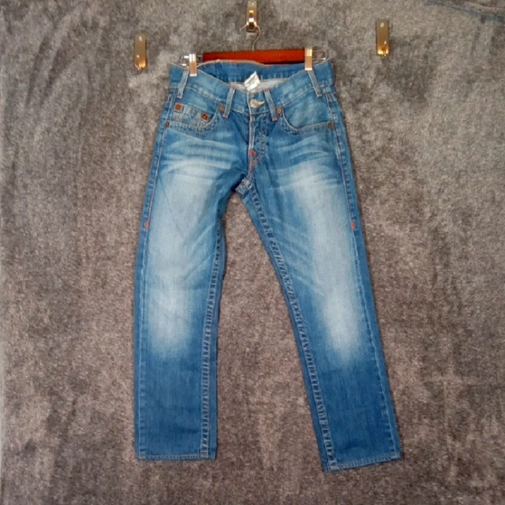 True Religion Slin Low Rise Straight Leg Yellow Stiching Womens 28